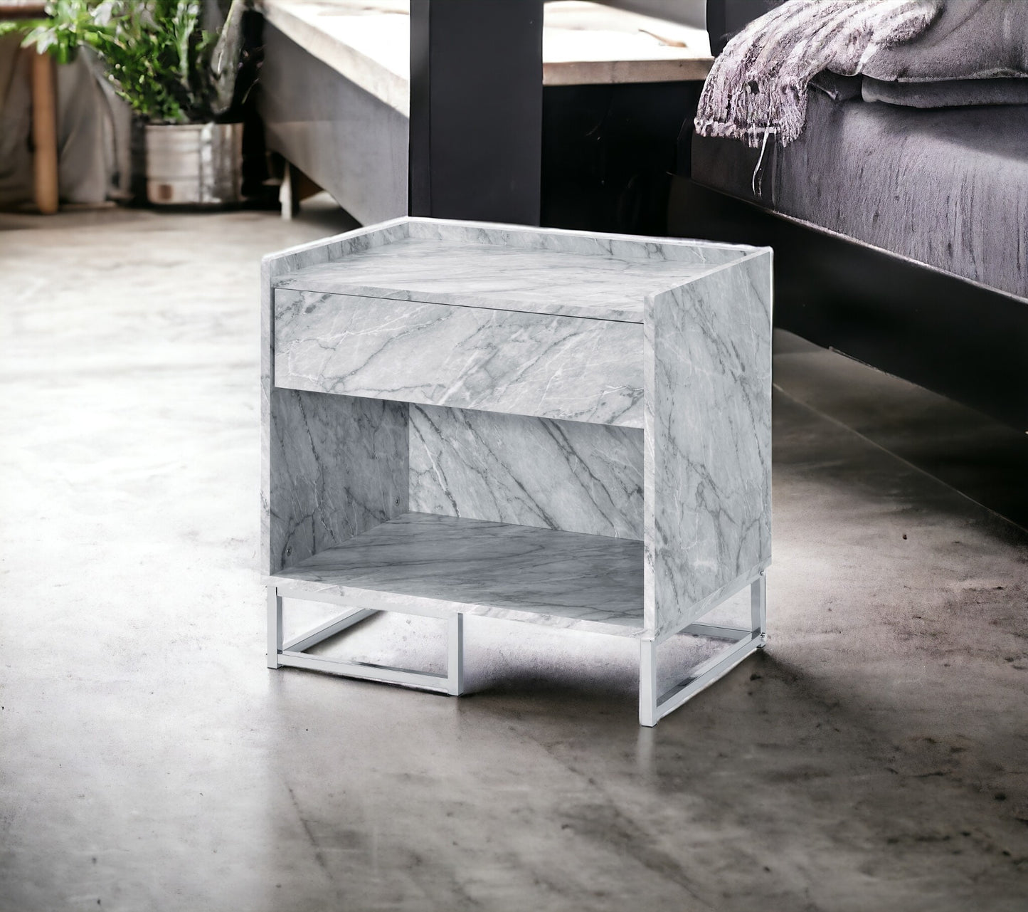 Accent Table with Faux Marble Top & Chrome Finish - White
