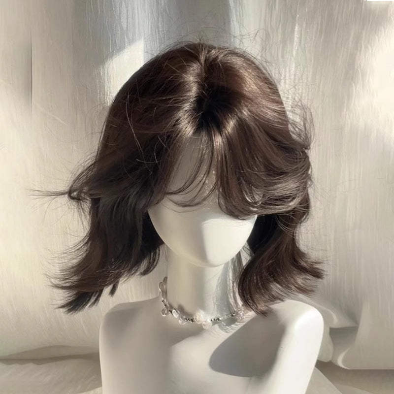 Lightly Curled Synthetic Wig Set with Blunt Bangs - Natural Look for Women