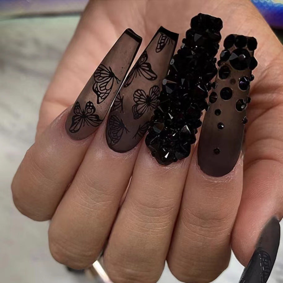 Long Fake Nail Set - Black Frosted Butterfly Design, Removable Armor Style
