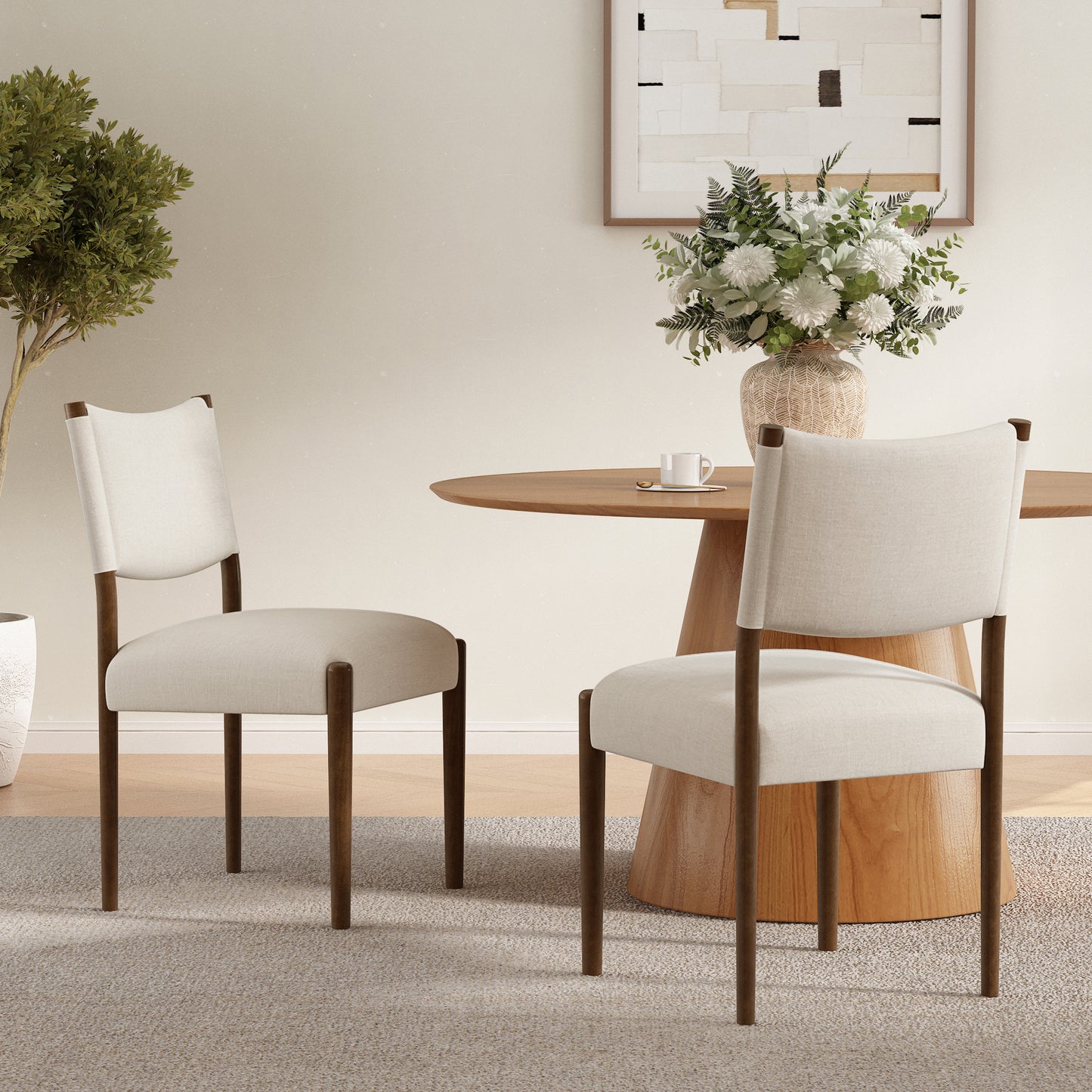 Modern Dining Chair Set of 2 - Thick Cushion & Solid Wood Legs - Beige & Walnut