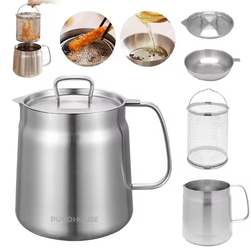 2L Stainless Steel Oil Filter Pot with Fine Mesh Strainer