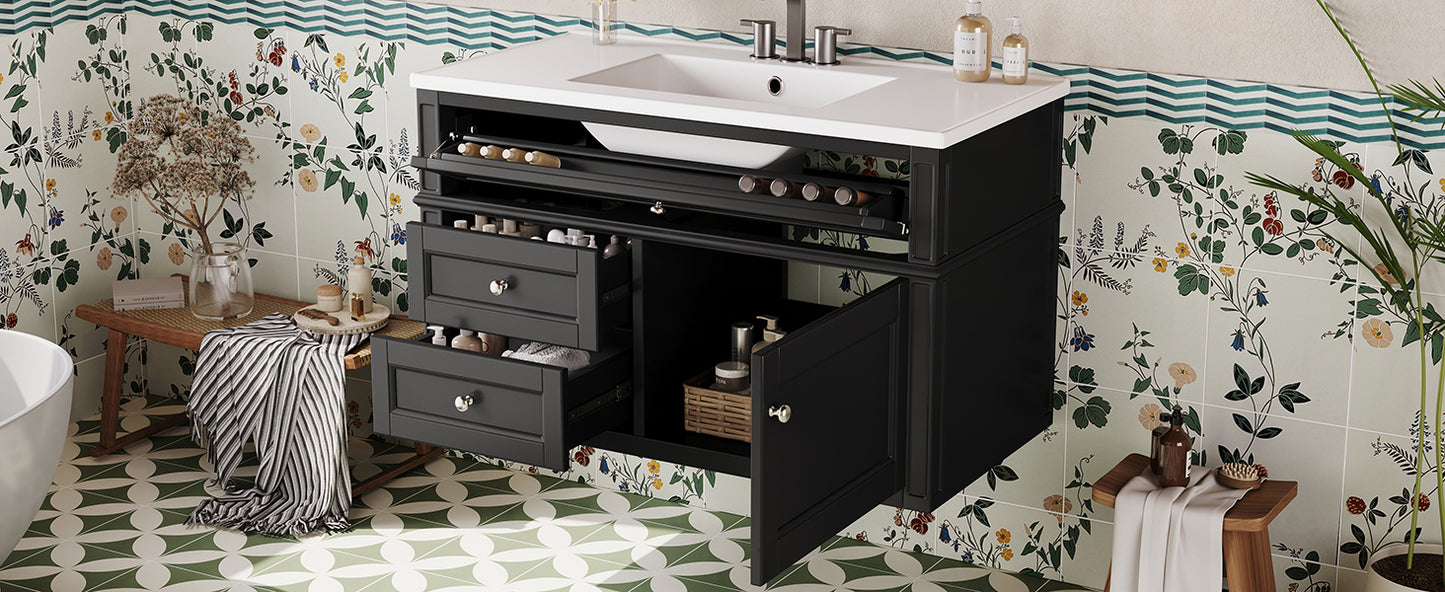 36-Inch Wall Mounted Bathroom Vanity with Ceramic Sink - Black