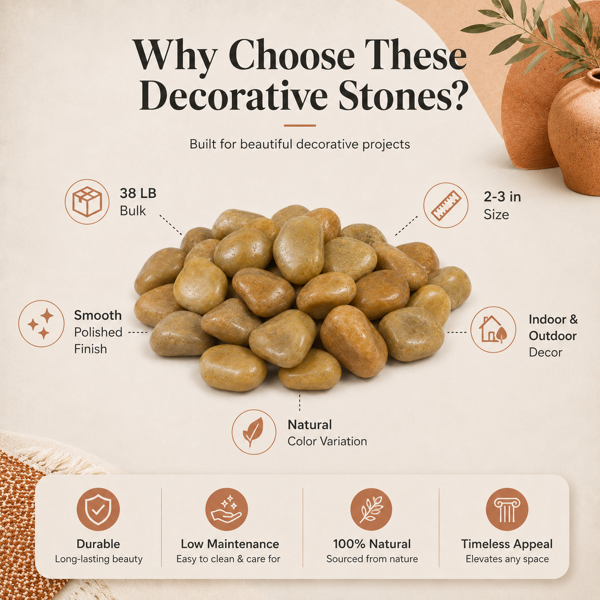 38 Lbs Khaki River Rocks - 2-3 Inch Polished Pebbles for Decor