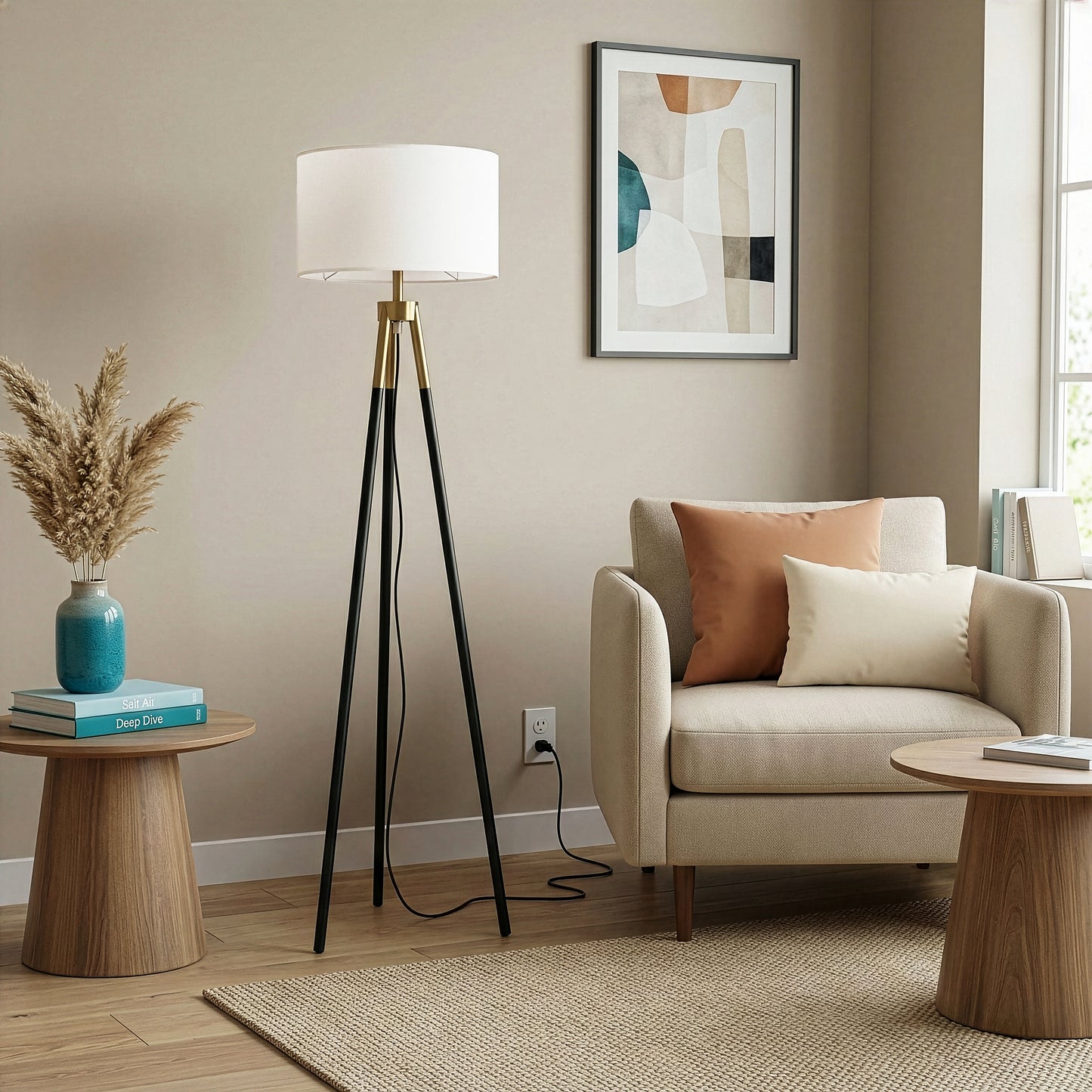 Sway Brassed Gold Floor Lamp With On Off Triple Legs White Fabric
