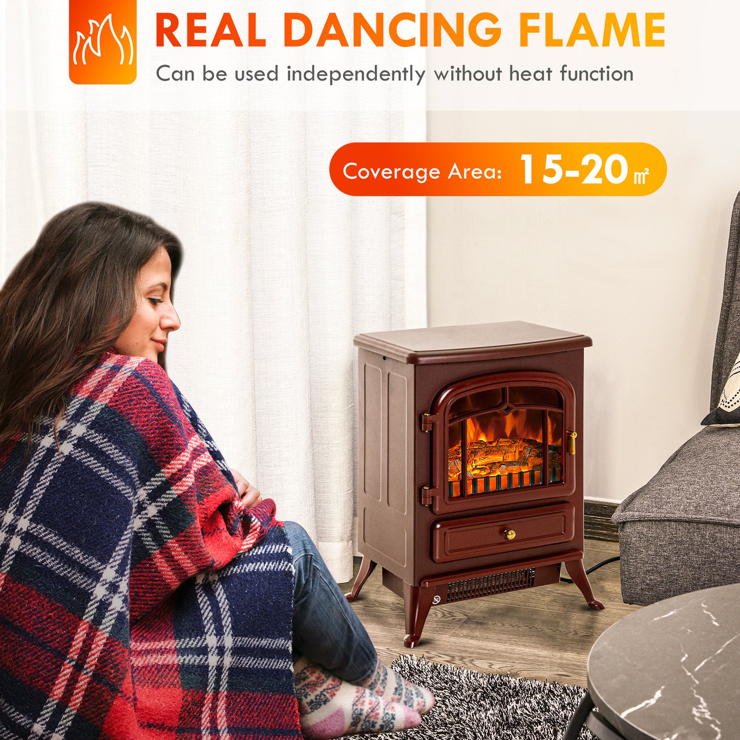 22-Inch Electric Fireplace Heater with Realistic LED Flames, Freestanding Stove, Overheat Protection - Red