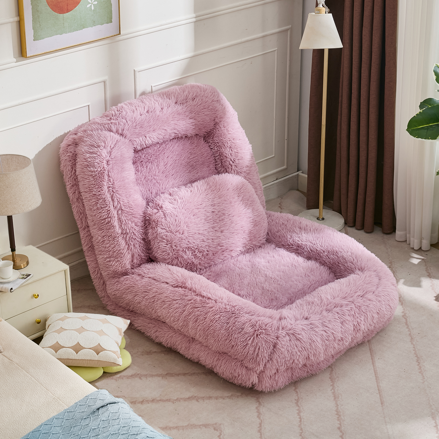Adjustable Lazy Sofa Bed - Plush Fabric, Pink