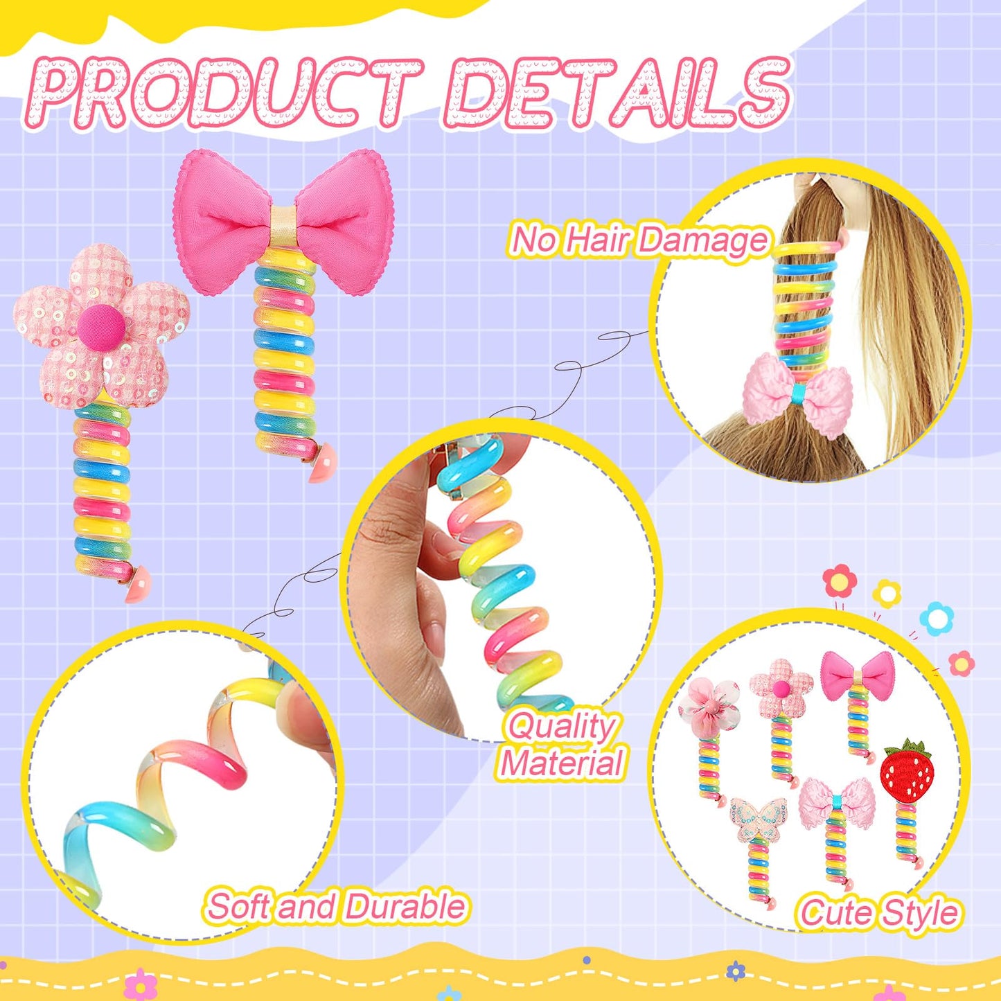 6-Pack Colorful Spiral Hair Ties - Rainbow Telephone Wire Bands