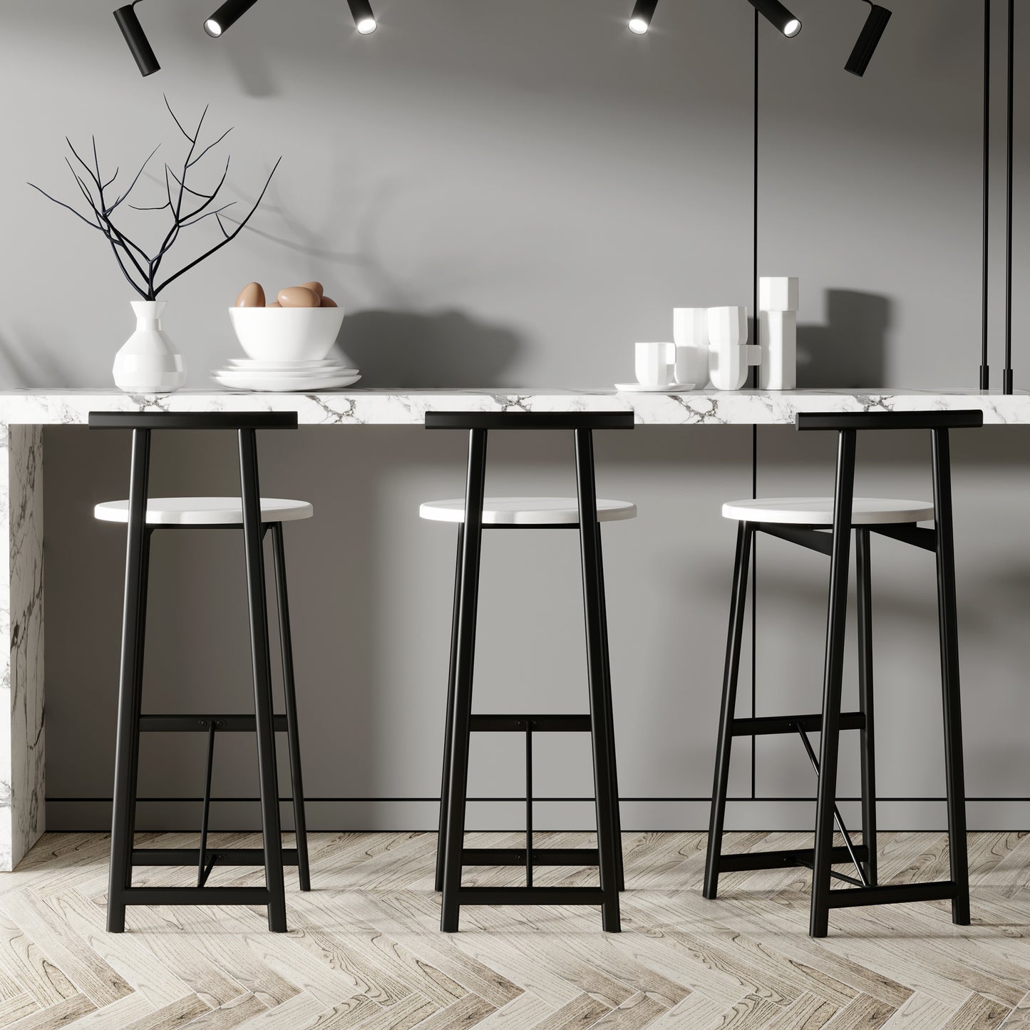 Metal Bar Stools Set of 3 with Backrest - Black & White