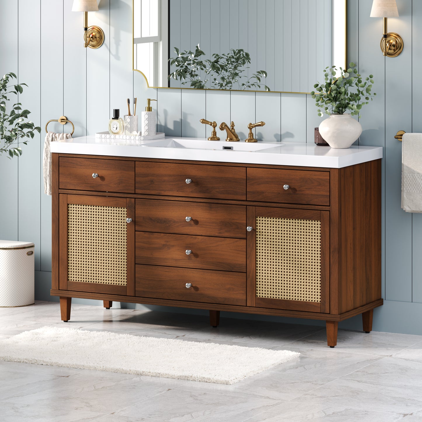 60" Bathroom Vanity with SMC Sink & Rattan Doors - Brown