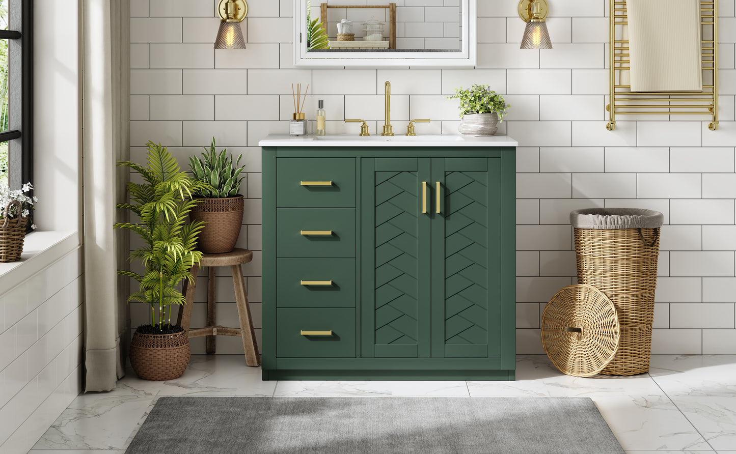 36-Inch Green Bathroom Vanity with Ceramic Sink & Storage Cabinet