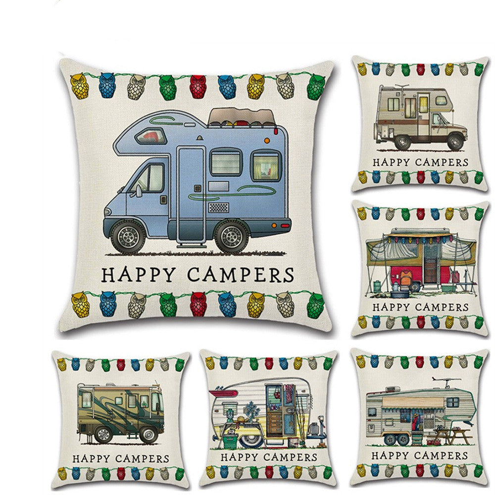 Cartoon Camper RV Linen Pillow Cover 45x45cm Home Textiles