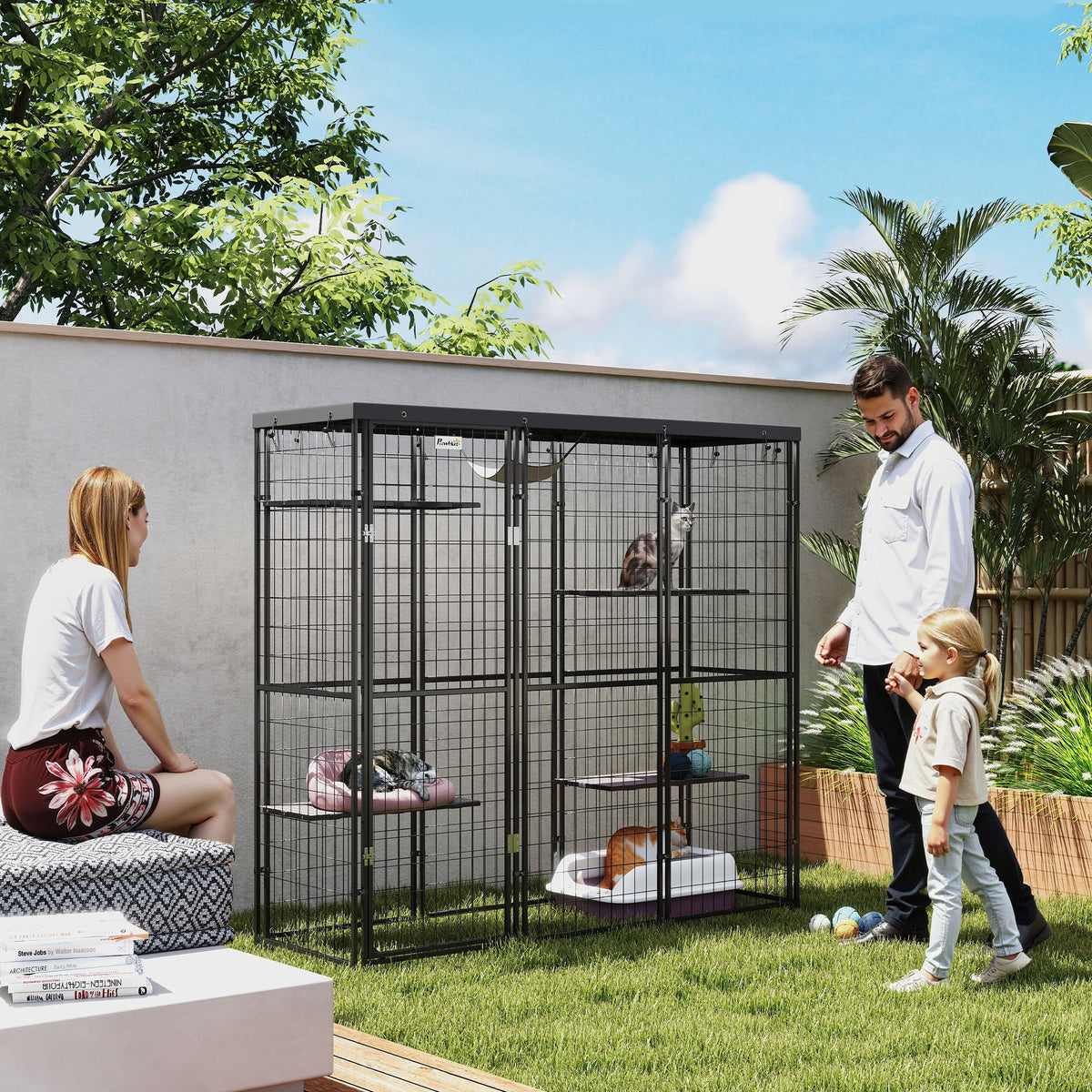 Outdoor Cat Enclosure with Waterproof Cover, 4 Platforms & Hammock for 1-3 Cats