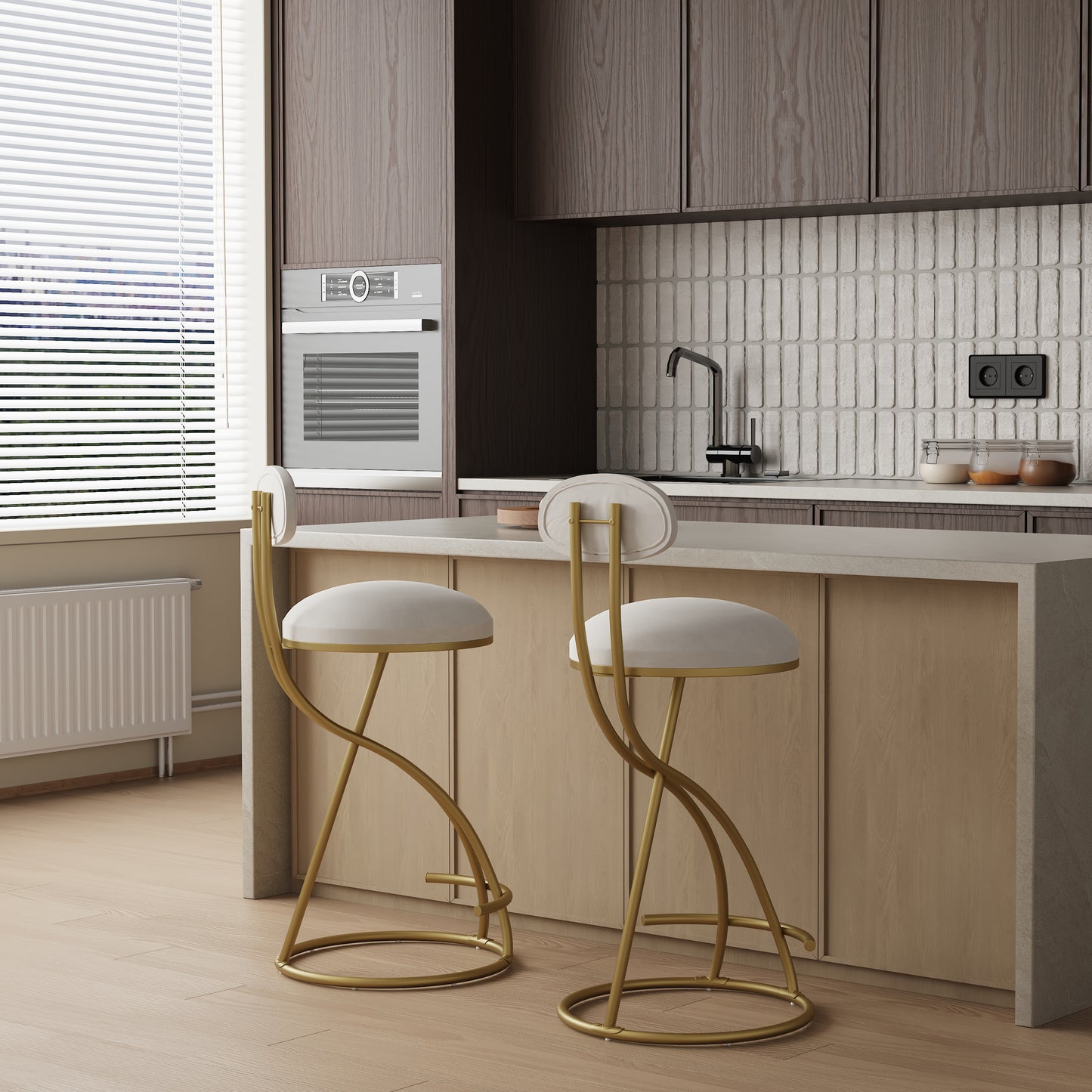 Upholstered Round Bar Stool Set of 2 - Gold & Creamy White