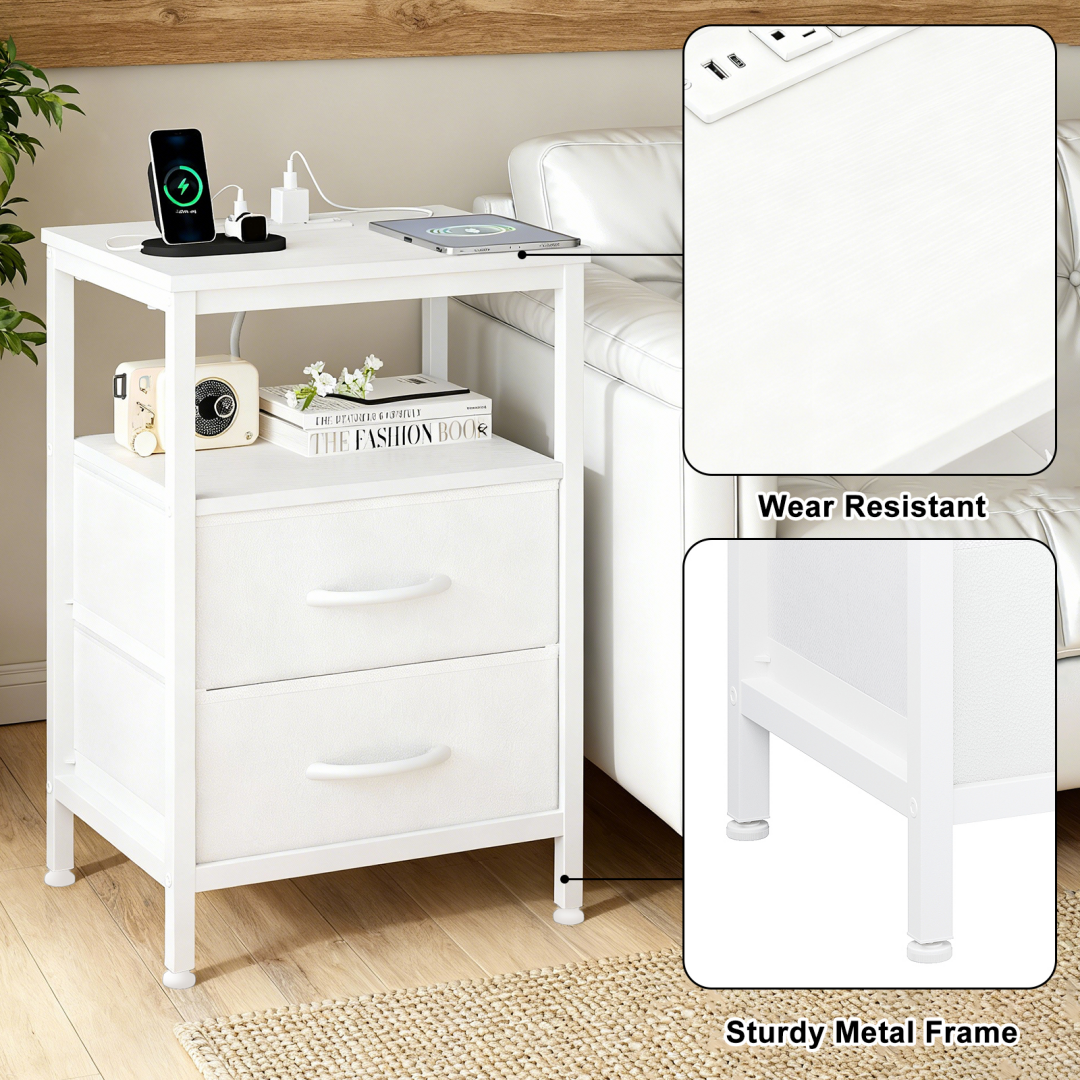Small Bedside Table with Charging Station & Fabric Drawers - White