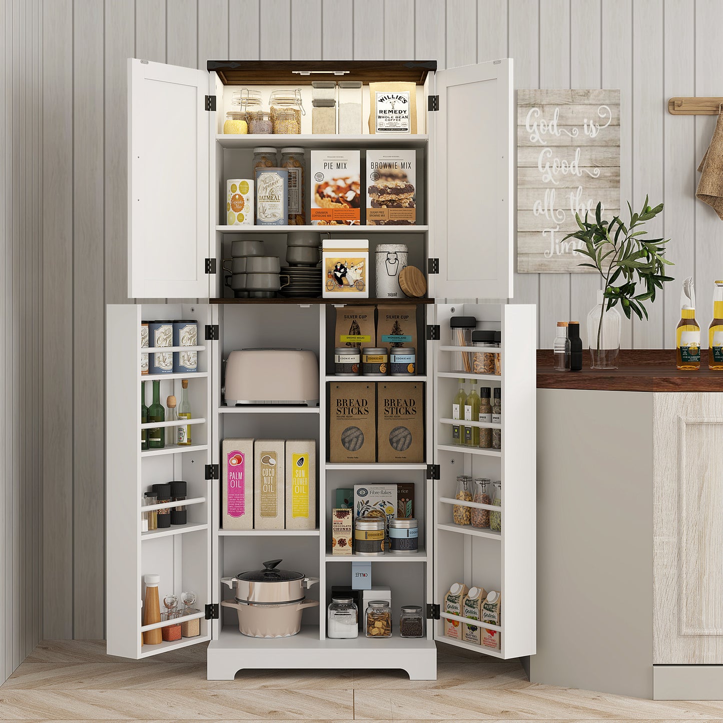 64" Tall Kitchen Pantry Cabinet with Adjustable Shelves & LED Light