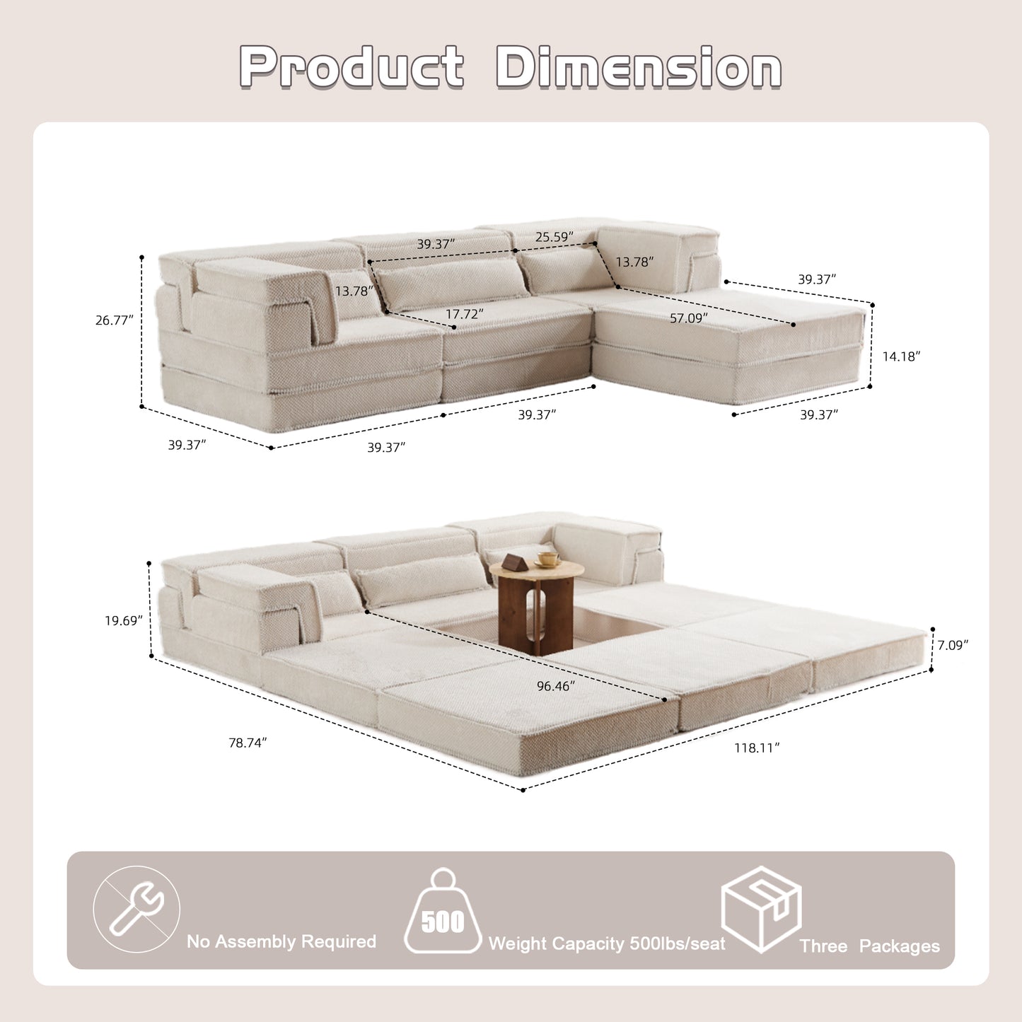 Oversized Modular Sectional Sofa Bed - White Fabric, 4 Seater
