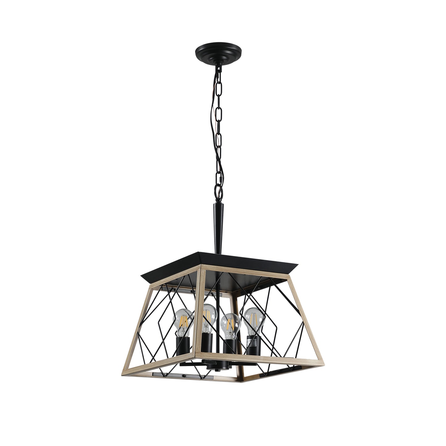 16-Inch Oak Industrial 4-Light Pendant Chandelier - Adjustable