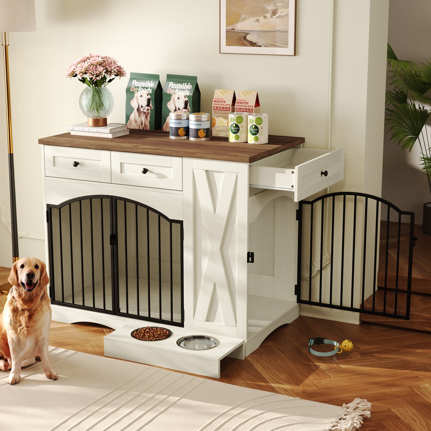 Farmhouse Dog Crate Furniture with 3 Drawers - Beige Brown