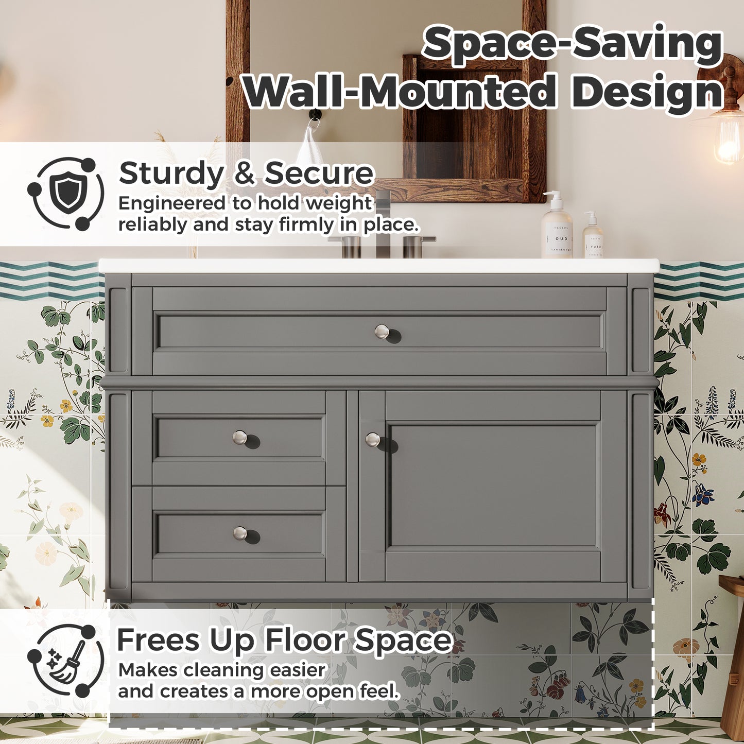 36-Inch Wall-Mounted Bathroom Vanity with Ceramic Sink & Drawers - Gray
