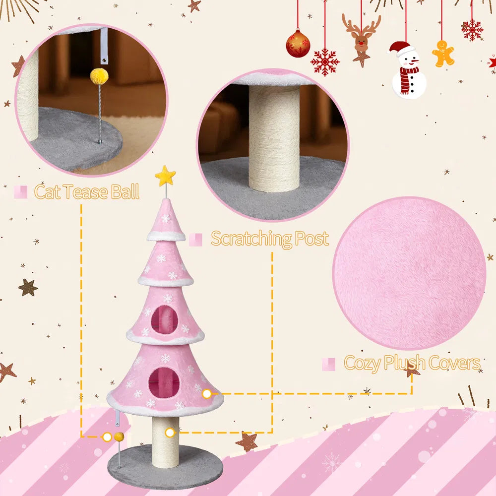 Large 59in Christmas Tree Cat Tower with 2 Condos & Scratching Post - Pink