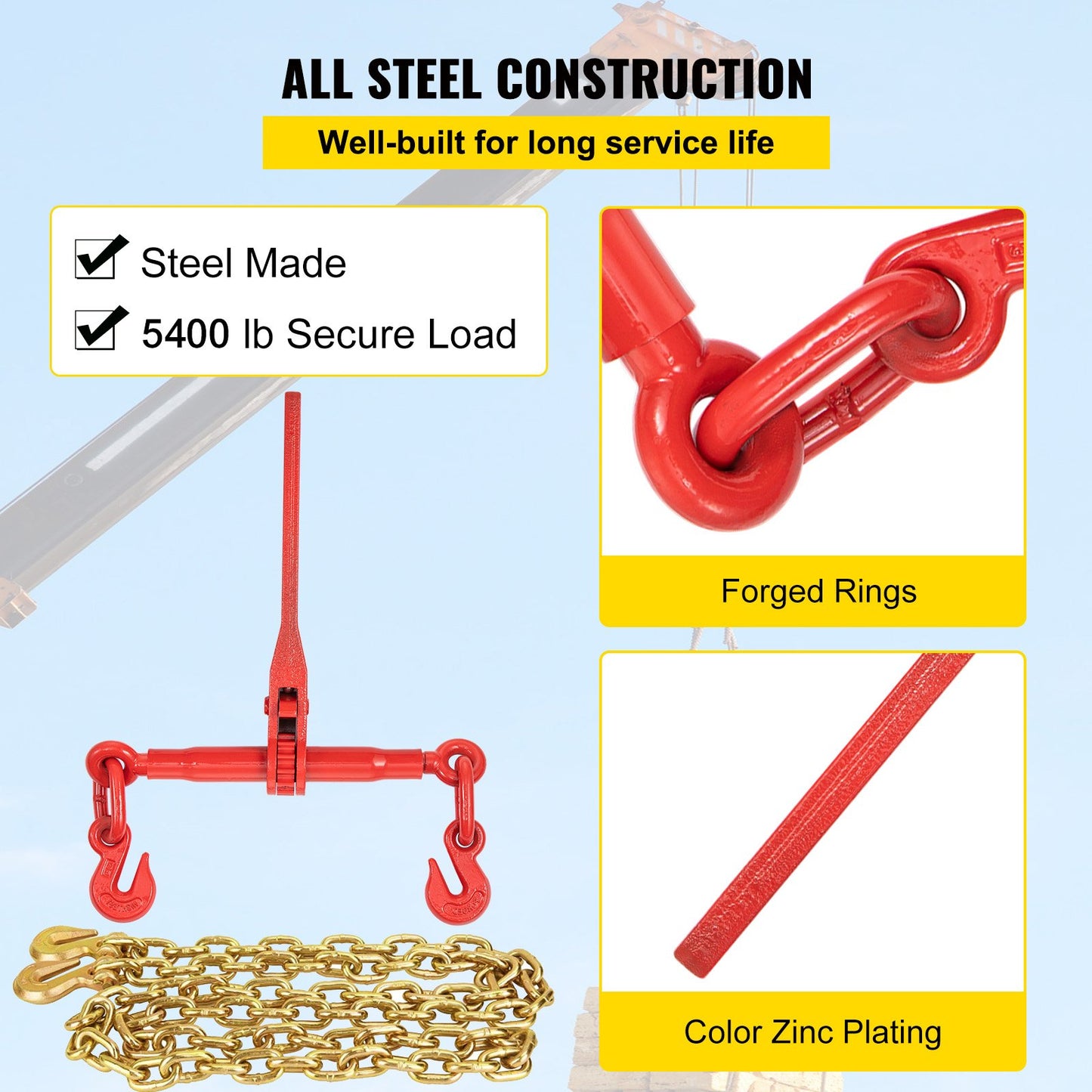 Heavy-Duty Chain Load Binder with 5/16 Inch G80 Chains and Hooks - Transport Load Kit
