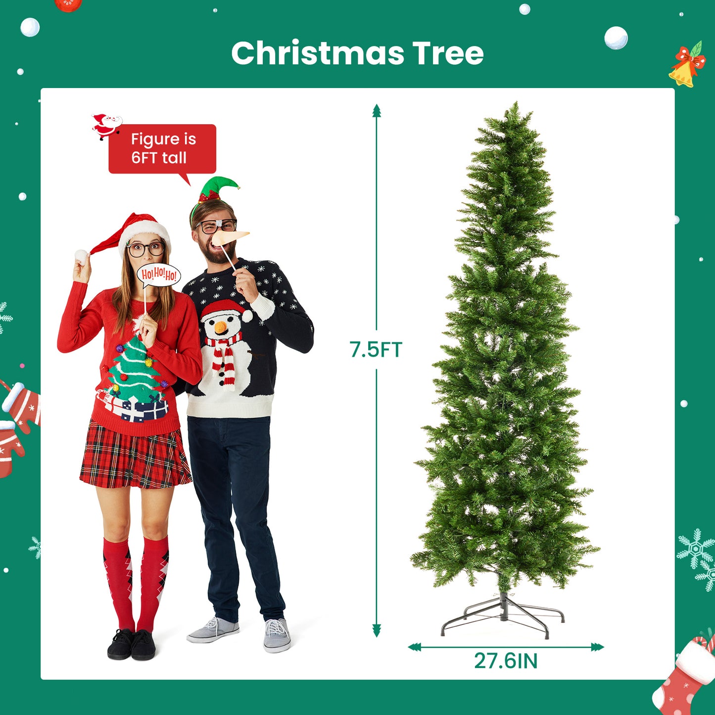 Prelit Slim Christmas Tree with 250 LED Lights & Foldable Base