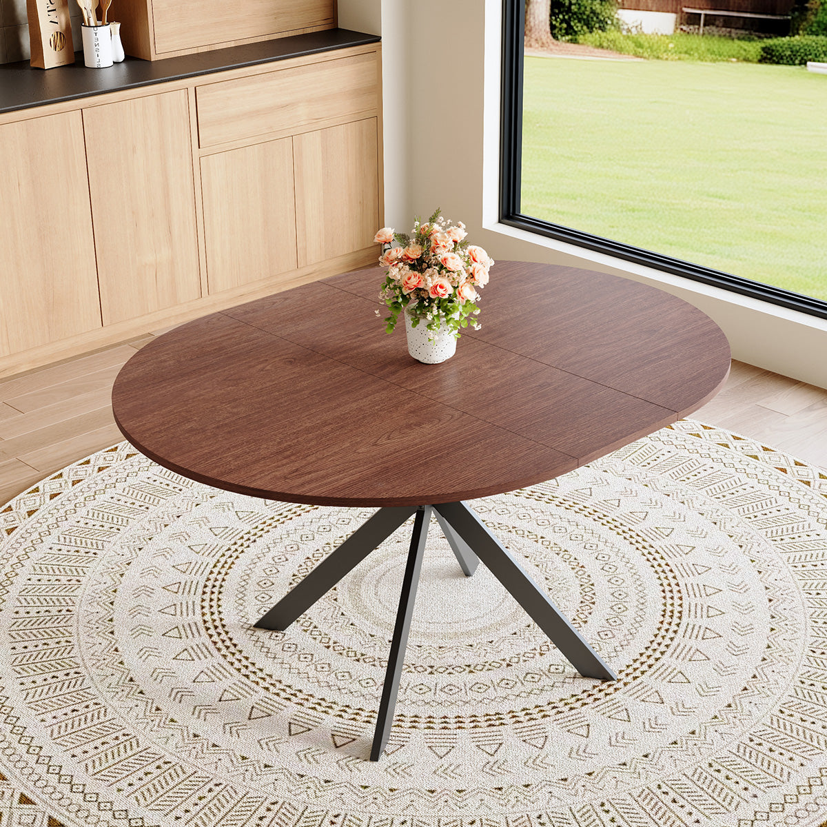 Extendable Round Dining Table - Space-Saving Walnut Table for 4-6