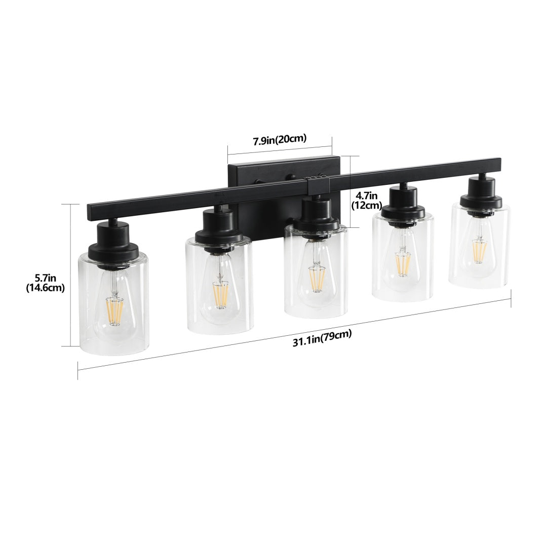 5-Light Black Bathroom Vanity Light Fixture with Glass Shades