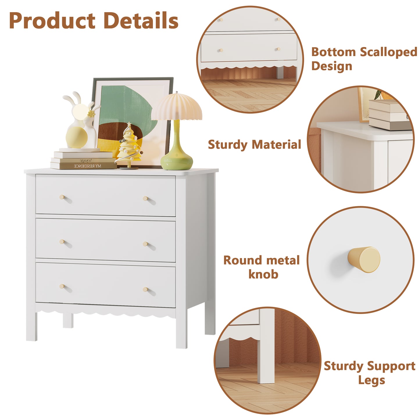 White 3 Drawer Dresser - Modern MDF Storage Cabinet