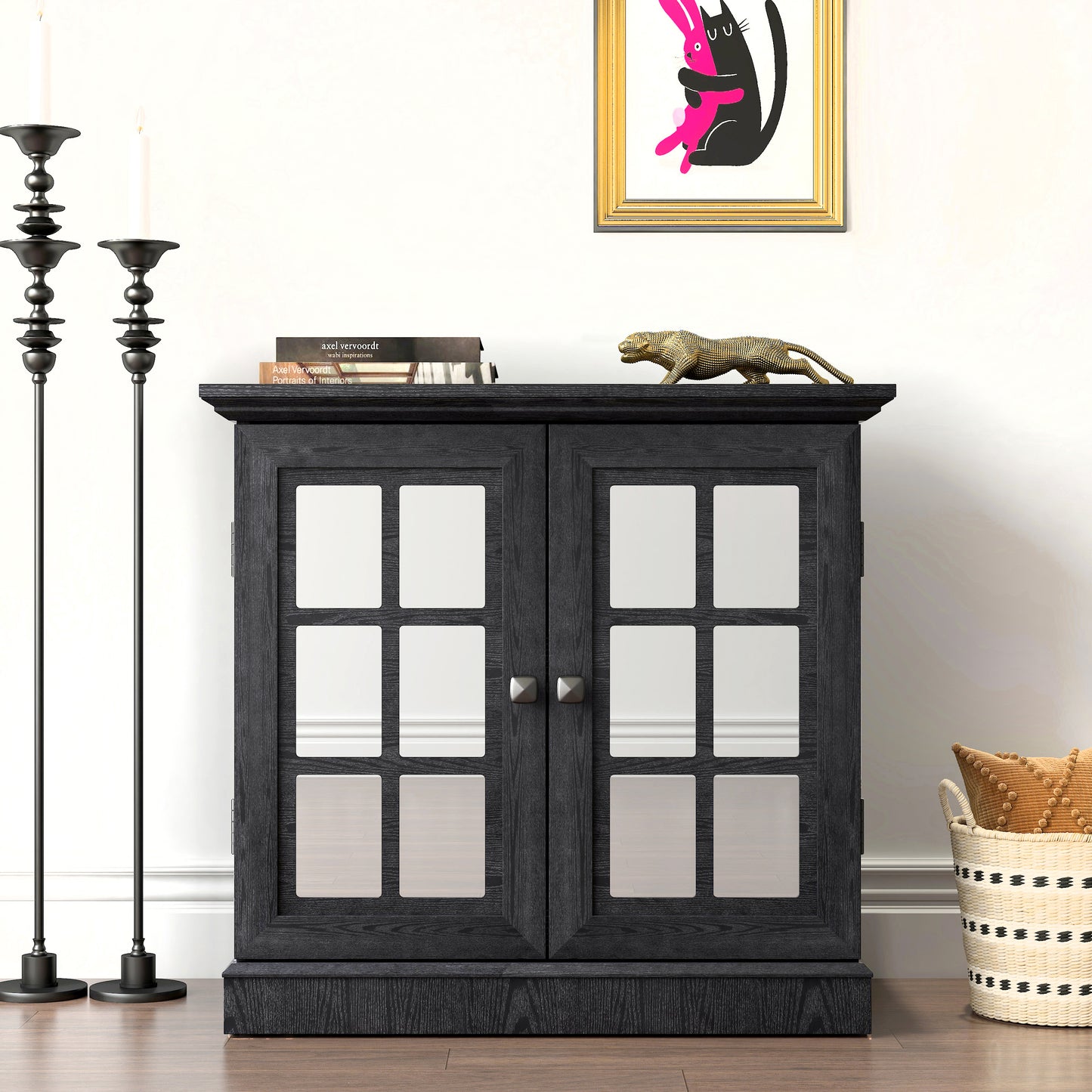 Storage Sideboard Cabinet With 2 Decorative Acrylic Mirrored Doors,