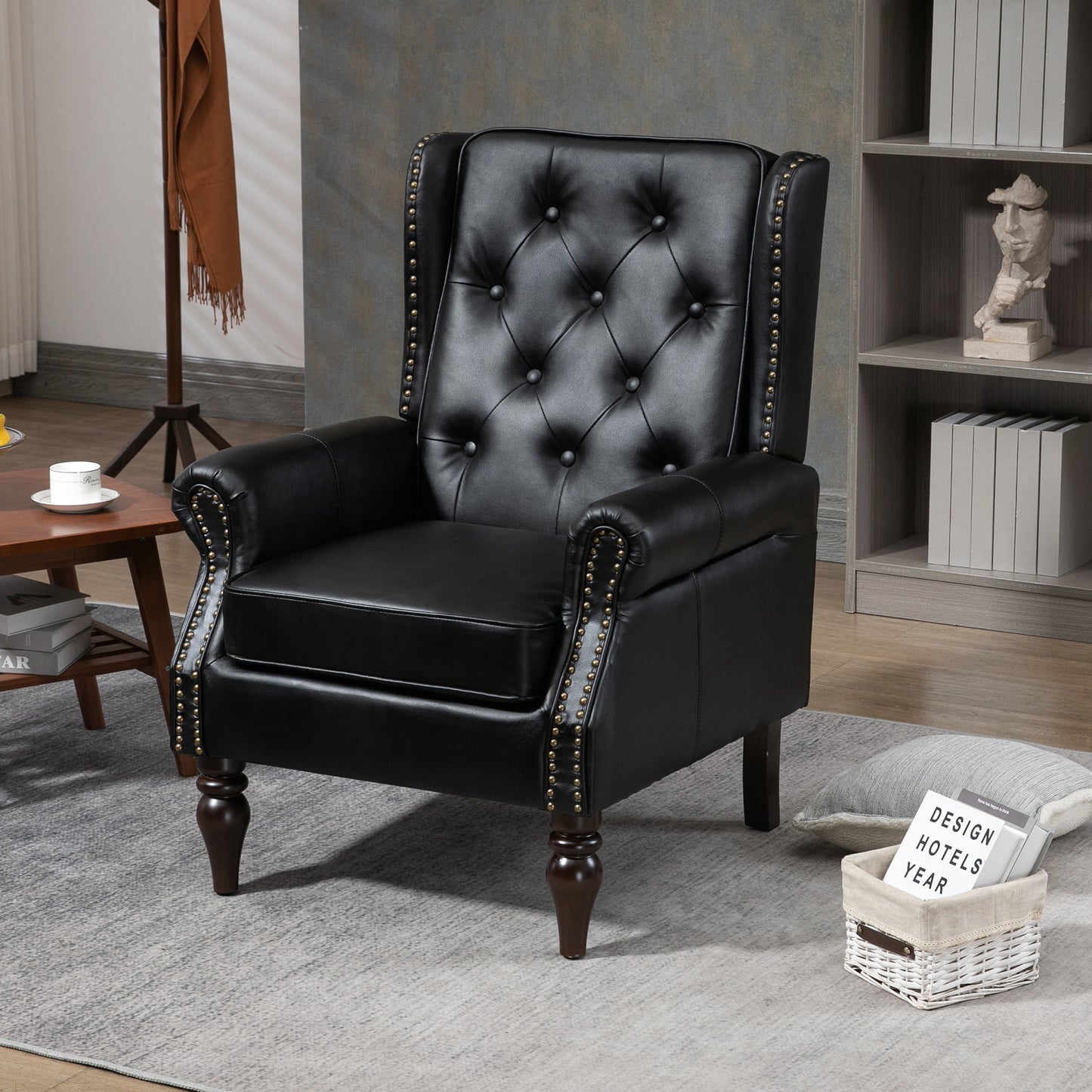 Modern Wood Frame Armchair - Black PU Accent Chair for Living Room