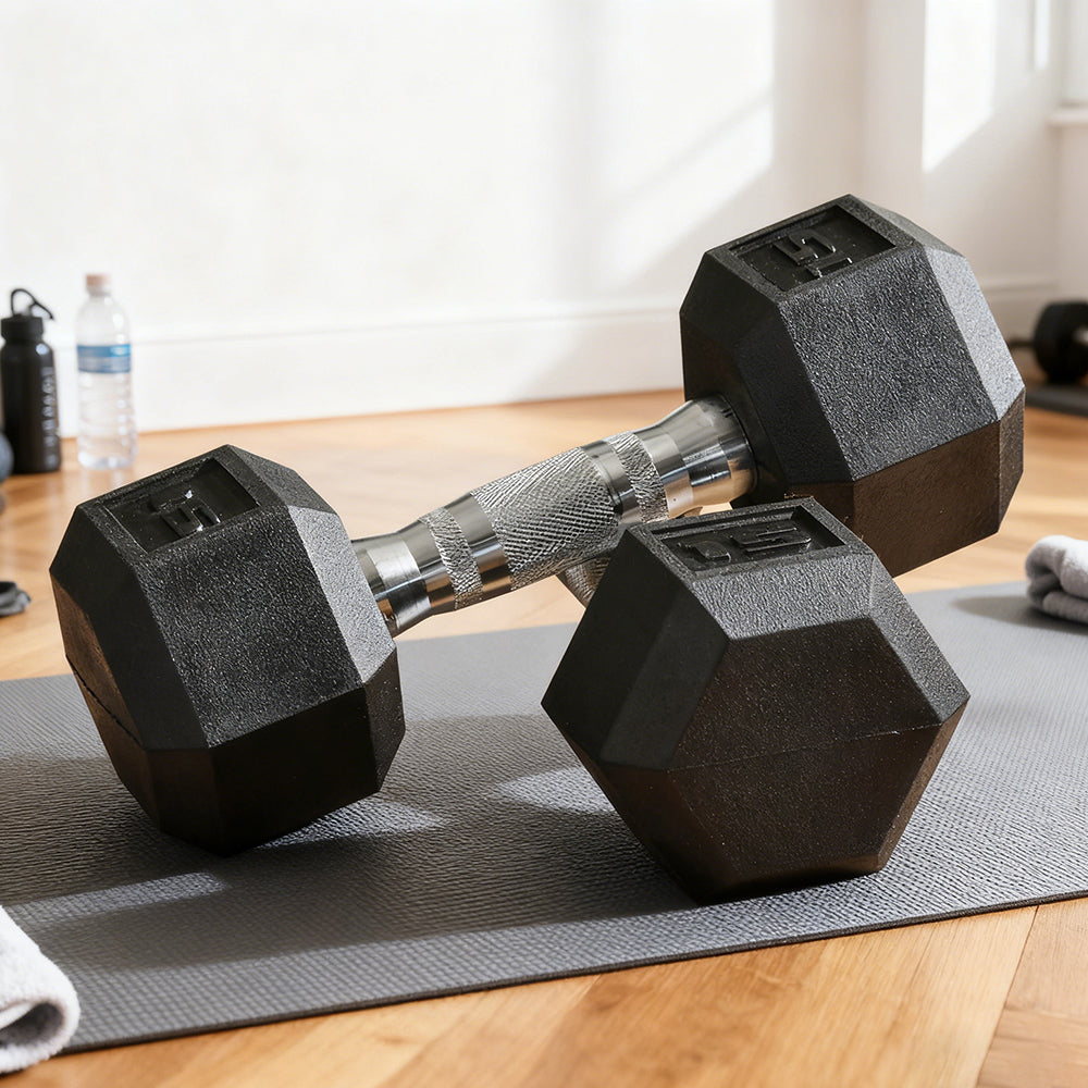 Hex Dumbbell Set - 2 x 15 lbs Rubber Weights with Non-Slip Grip