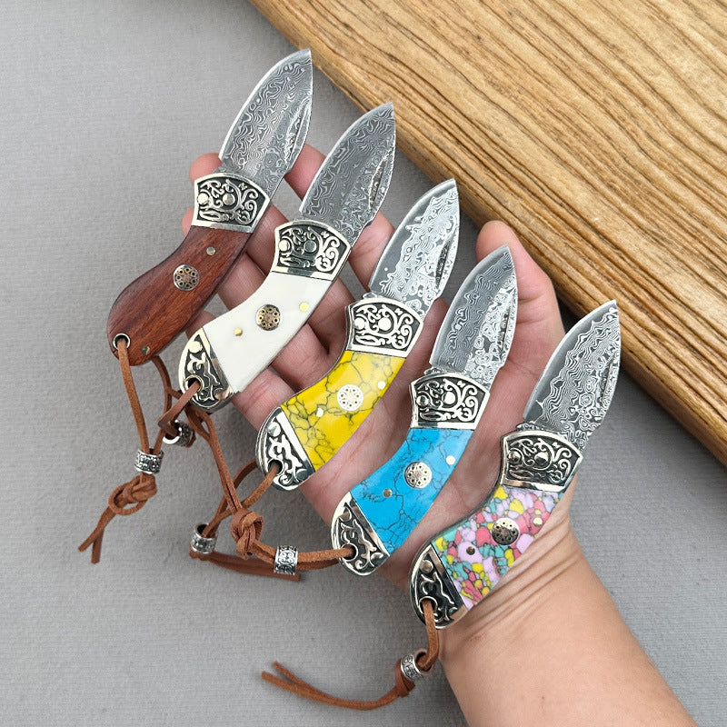 Mini Folding Knife with Damascus Steel Blade and Ox Bone Handle