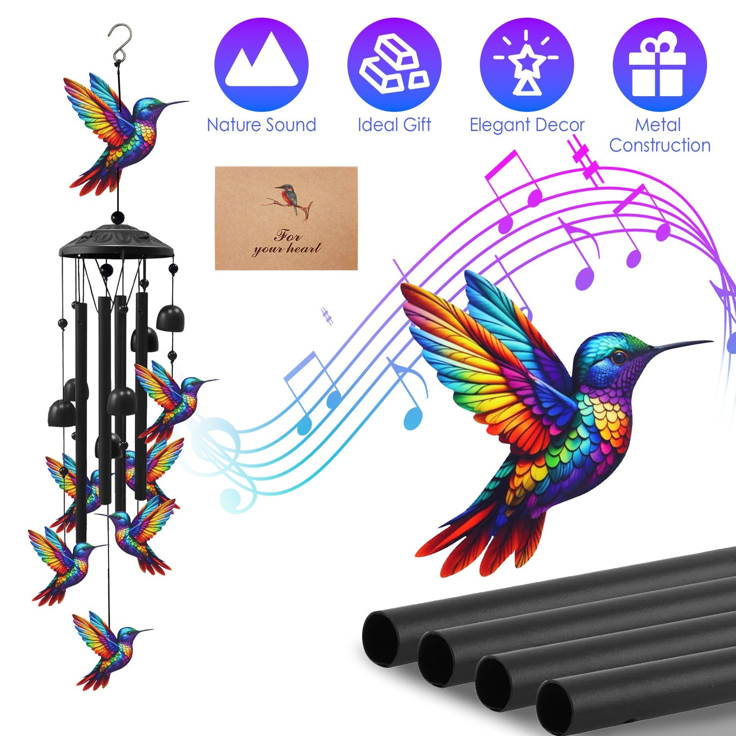 Outdoor Metal Wind Chimes with Aluminum Tubes for Garden Yard Patio Decor - Butterfly & Hummingbird Variants