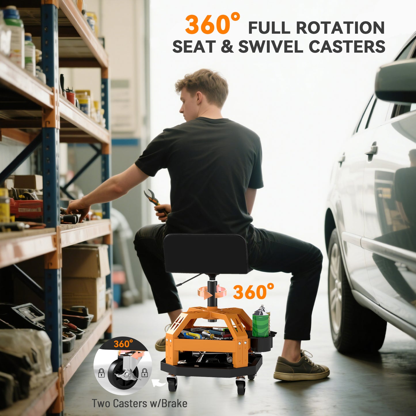 Garage Rolling Stool with Tool Tray, 300 LBS Capacity, Adjustable Height, Yellow