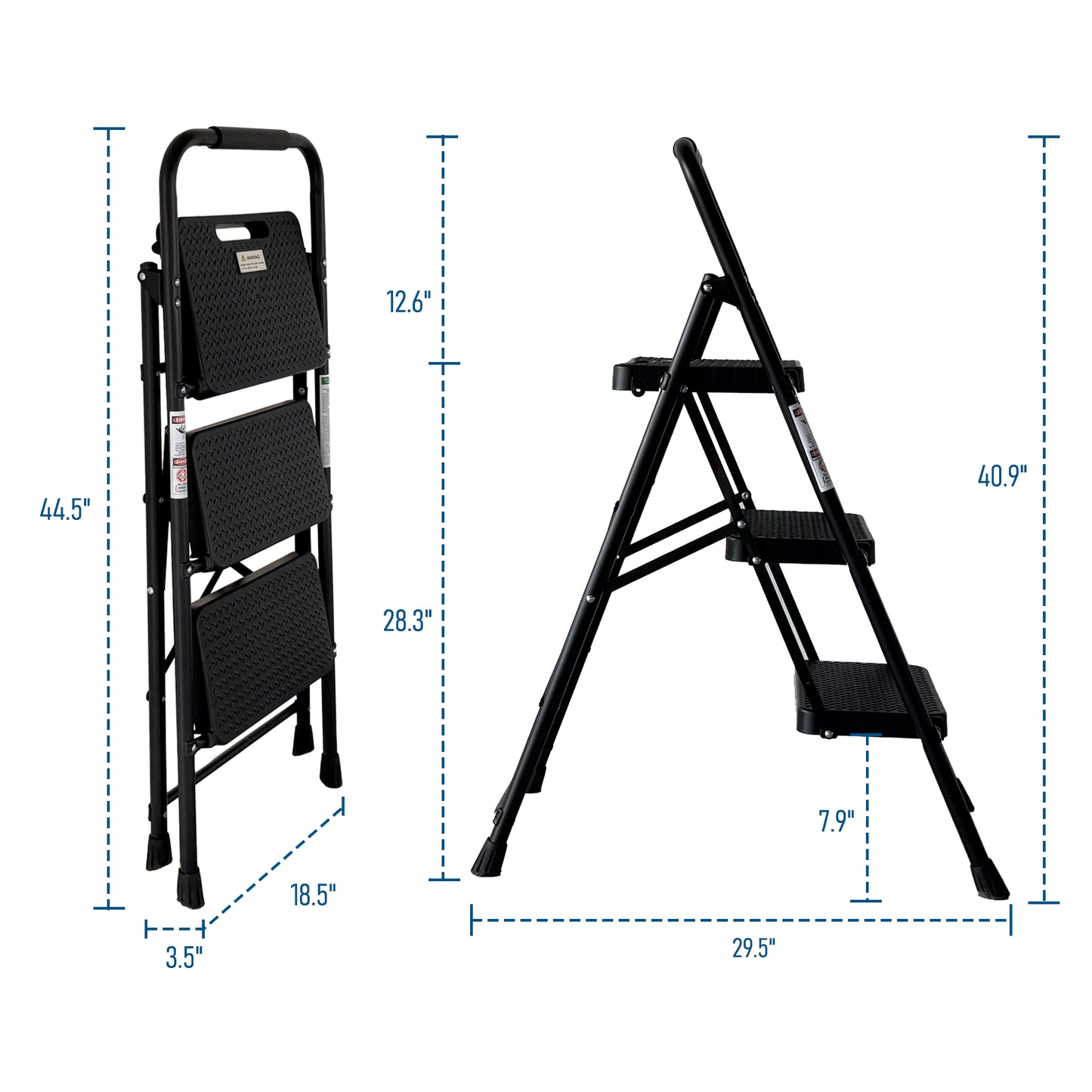 Folding Step Ladder with Anti-Slip Pedals - Portable Steel Stool, Black
