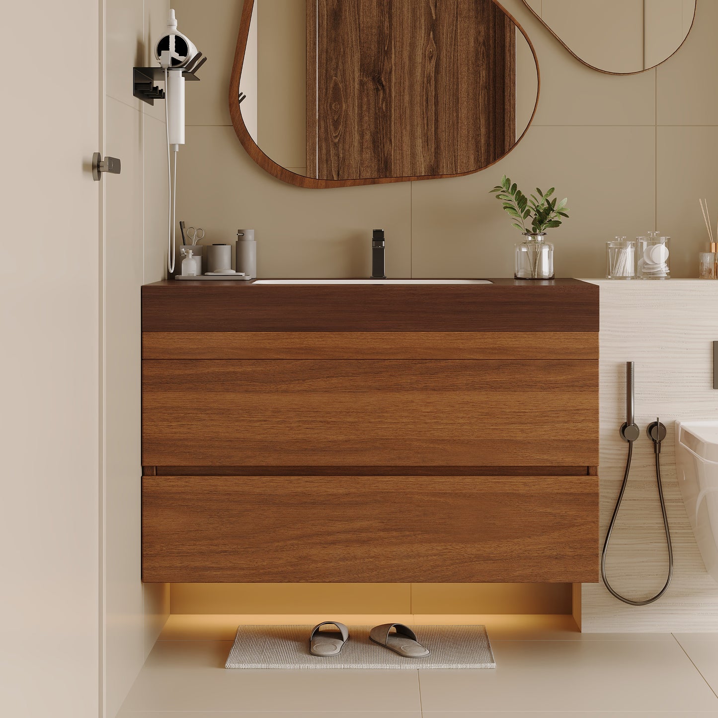 29.9" Modern Floating Bathroom Vanity with Faux Marble Top - Dark Brown Walnut