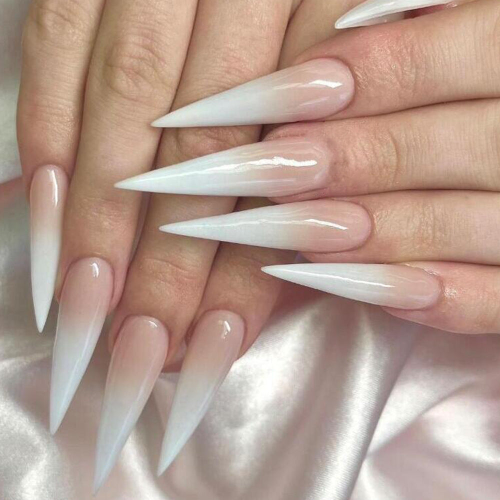 Milky White Pink Gradient Fake Nail Patch for Nail Art, Long Drop Shape