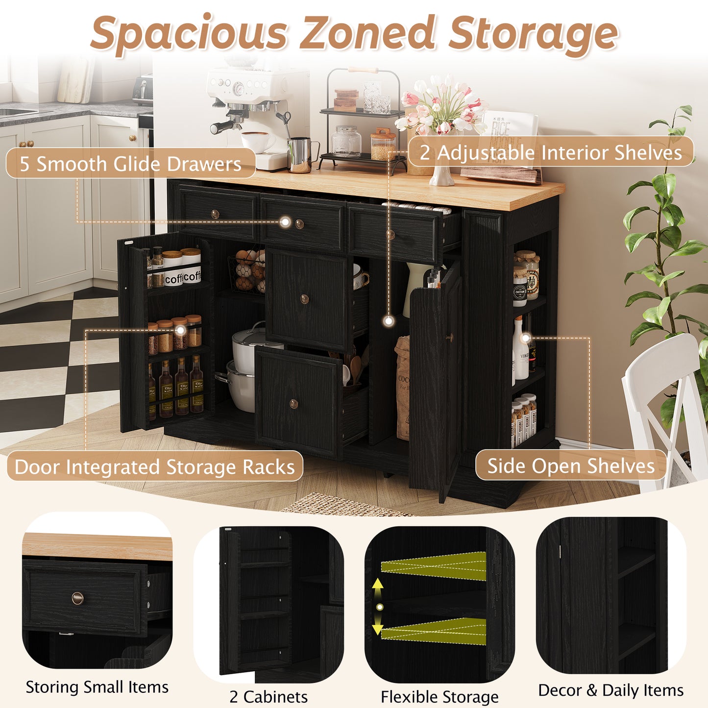 Buffet Cabinet with Storage - 5 Drawers, 2 Cabinets, Adjustable Shelves - Black