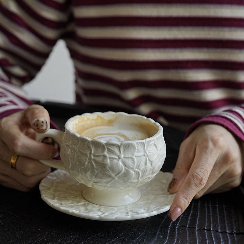 Retro Embossed Ceramic Coffee Cup Set - Multiple Colors & Capacity