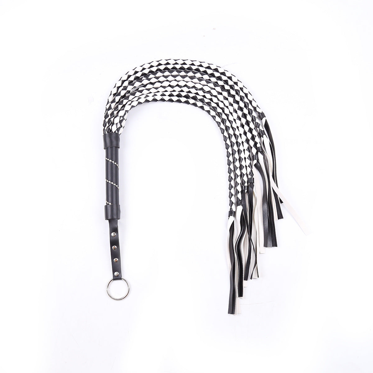 Leather Handle Sex Toy Whip with Braided Black and White Design - 88cm Length