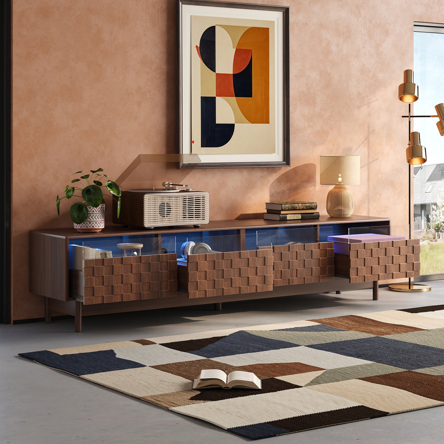 78 Inch TV Stand for Living Room - Modern Entertainment Center with LED Lights and Glass Drawers