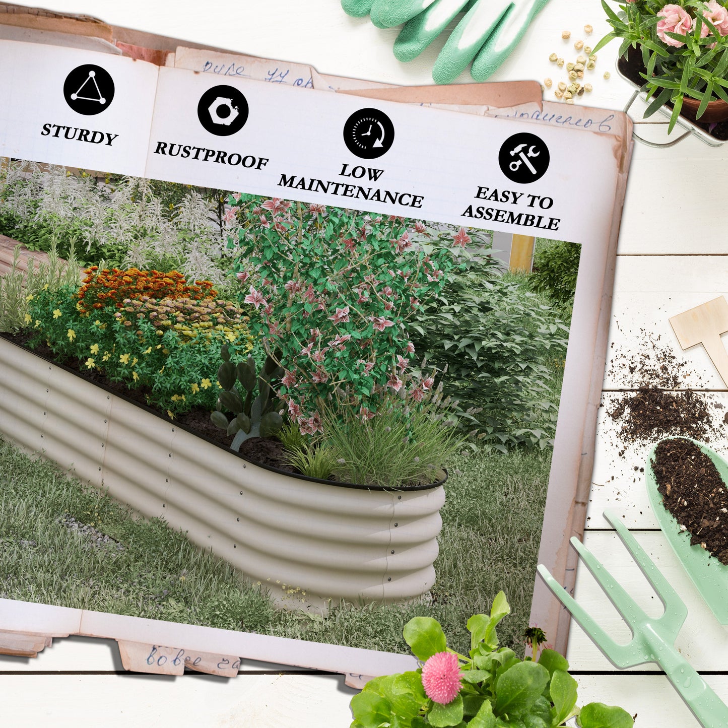 Galvanized Raised Garden Bed Kit - Metal Planter Box with Safety Edging, Cream