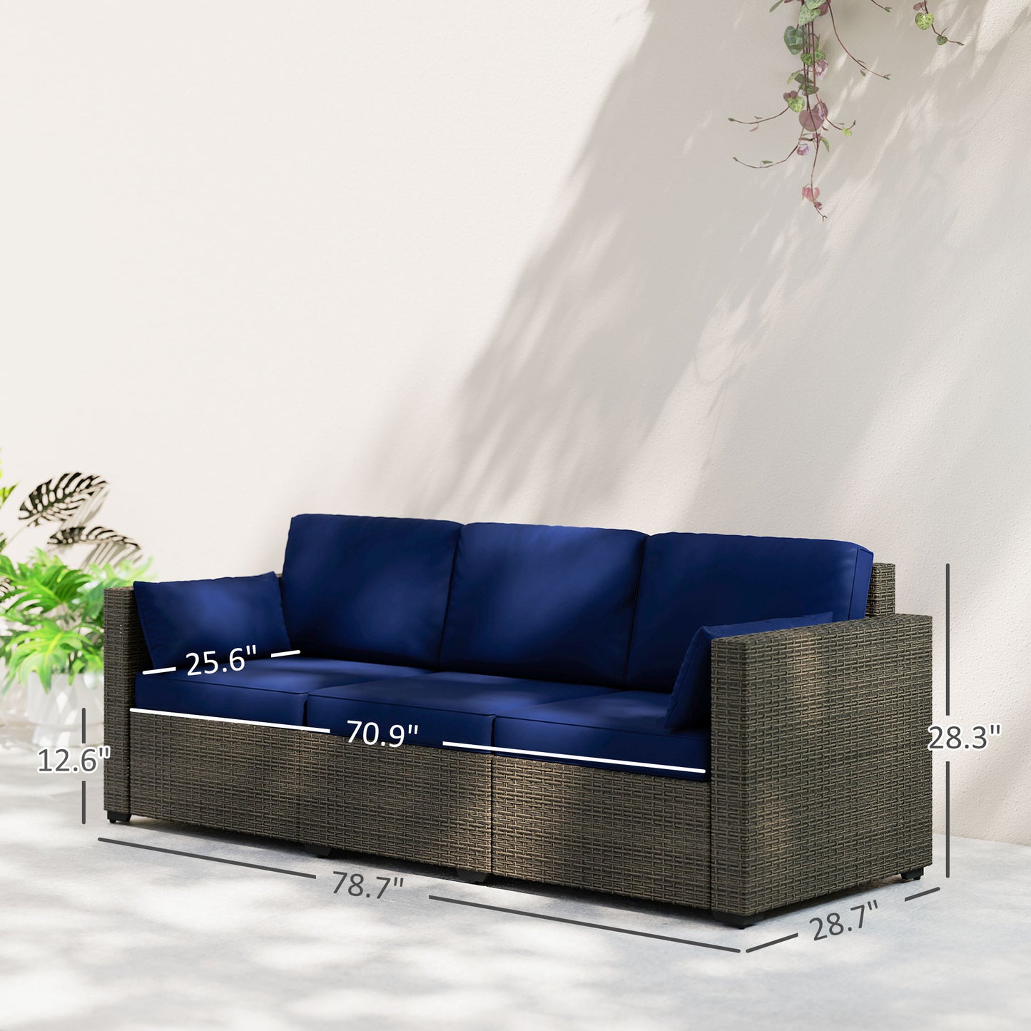 3-Seater Rattan Outdoor Sofa with Removable Cushions - Navy Blue