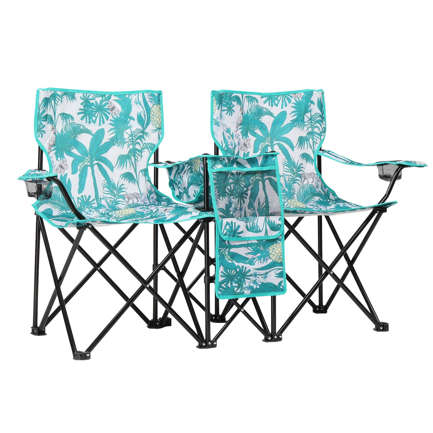 Folding Double Camping Chair with Removable Umbrella & Cup Holders