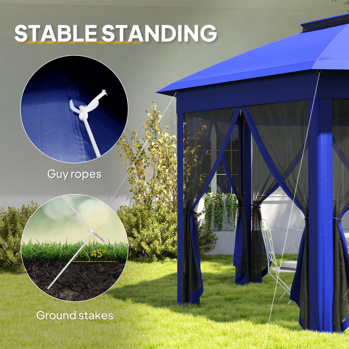 13' Hexagonal Pop Up Gazebo Canopy with Mesh Sidewalls - Blue