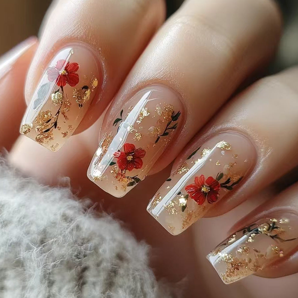 Gold Glitter Nail Tips with Red Rose Design - Short Nail Art Set