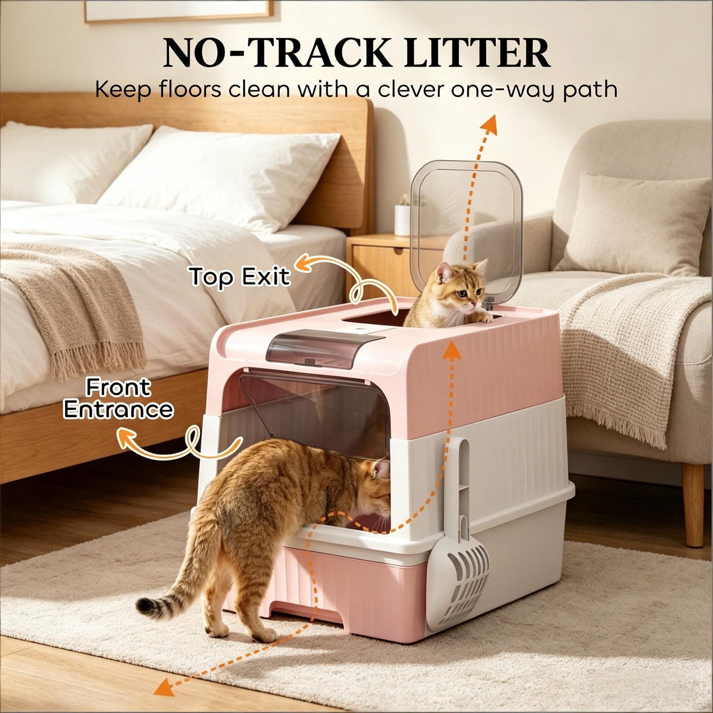 Compact Fully Enclosed Cat Litter Box - Pink & White