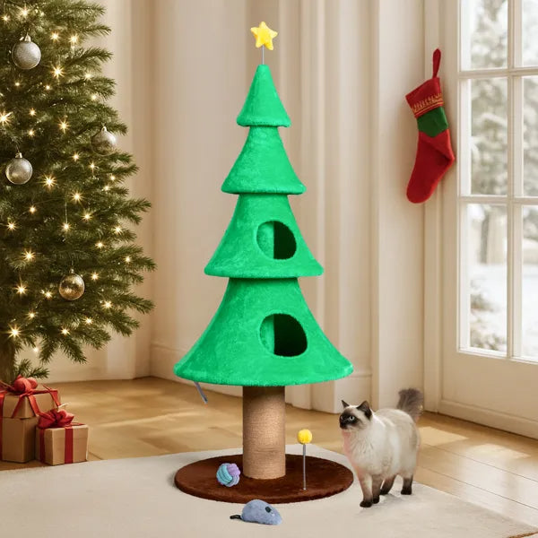 59in Large Christmas Tree Cat Tower with 2 Condos & Scratching Post