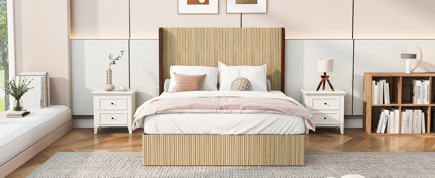 Queen Size Wooden Platform Bed Frame with Wing Headboard